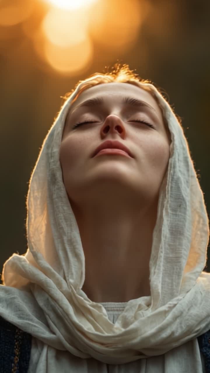 A Serene Moment of Reflection: Enveloped in Soft Light, a Woman with Closed Eyes and a White Headscarf Connects with Nature's Tranquility Under a Glowing Horizon