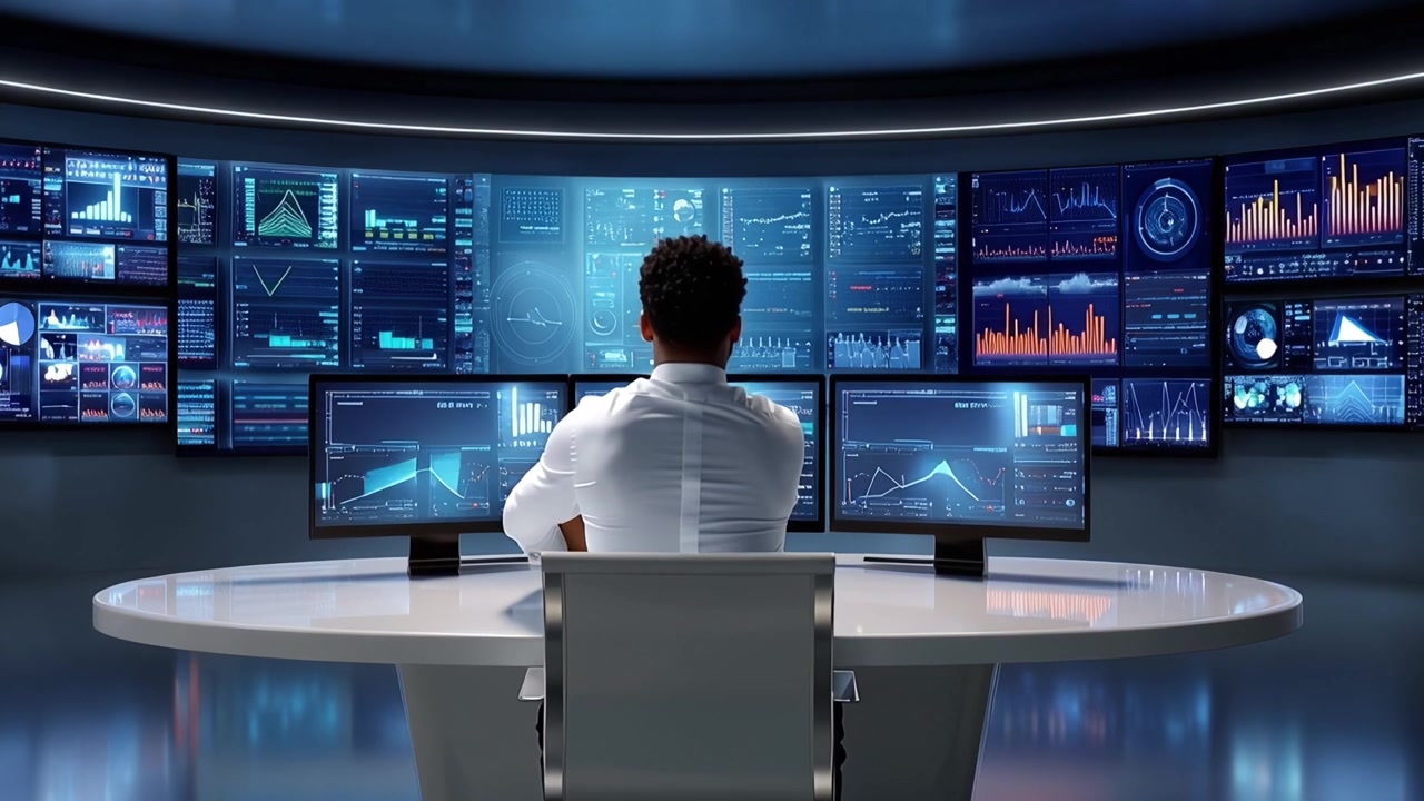 Man Monitoring Data on Multiple Screens in a Futuristic Control Room