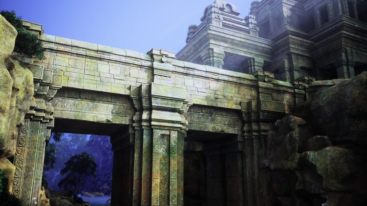 Ancient temple ruins surrounded by nature at dusk