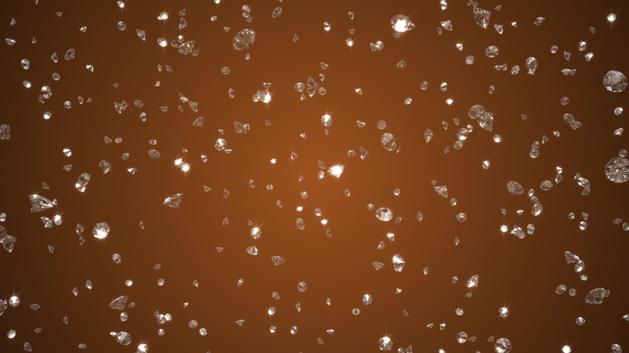 오렌지색 배경에 떨어지는 반이는 다이아몬드 3d 렌더링, 4k cg 애니메이션