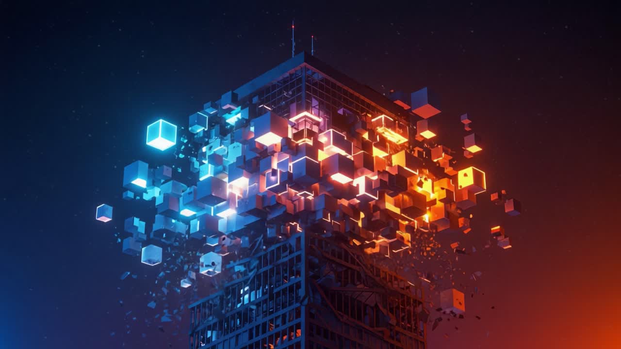 Exploration of a Digital Metropolis: A Towering Structure Transformed by Colorful Data Cubes in a Twilight Scene, Representing the Intersection of Technology and Architecture