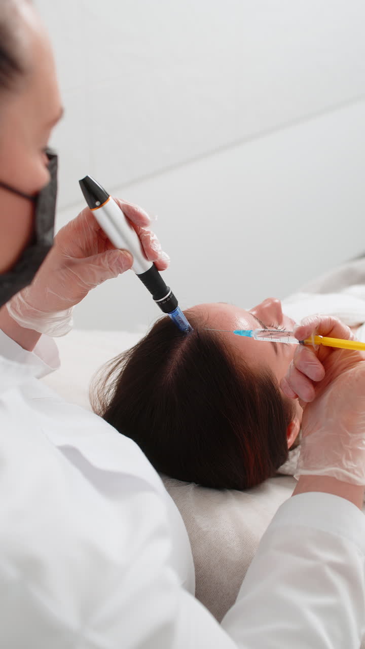 Trichologist doing woman improve hair growth procedure dermapen microneedling vitamin injections