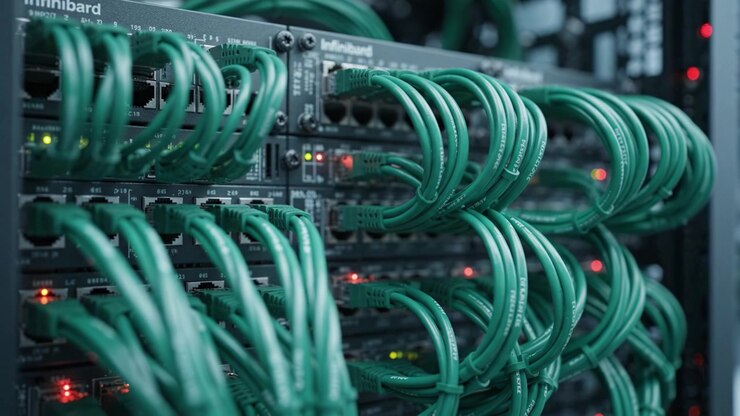 Close-Up of Network Switches Featuring Green Cables, Highlighting Data Connections and Infrastructure in a High-Tech Server Environment