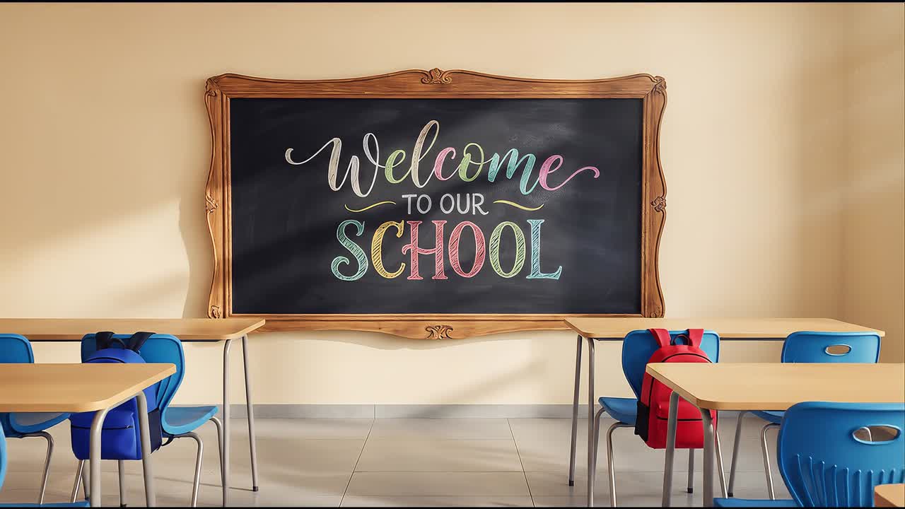 Interno di aula vuota con banchi, sedie e messaggio di benvenuto scritto sulla lavagna, in un ambiente di apprendimento luminoso.