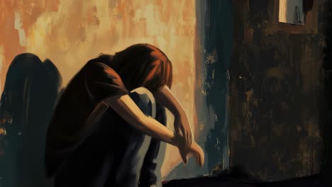 a sad figure in a dim room