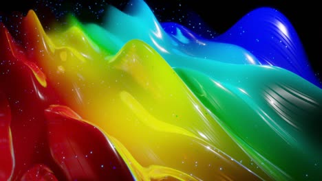 abstract 3d surface with beautiful waves, luminous sparkles and bright color gradient, colors of rainbow. waves run on very shiny, glossy surface with glow glitter. 4k looped animation