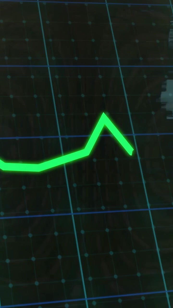 Video verticale: Traccia al neon che appare a sinistra e zigzagga a destra su HUD, più linee ciano o gialle che mostrano dati.