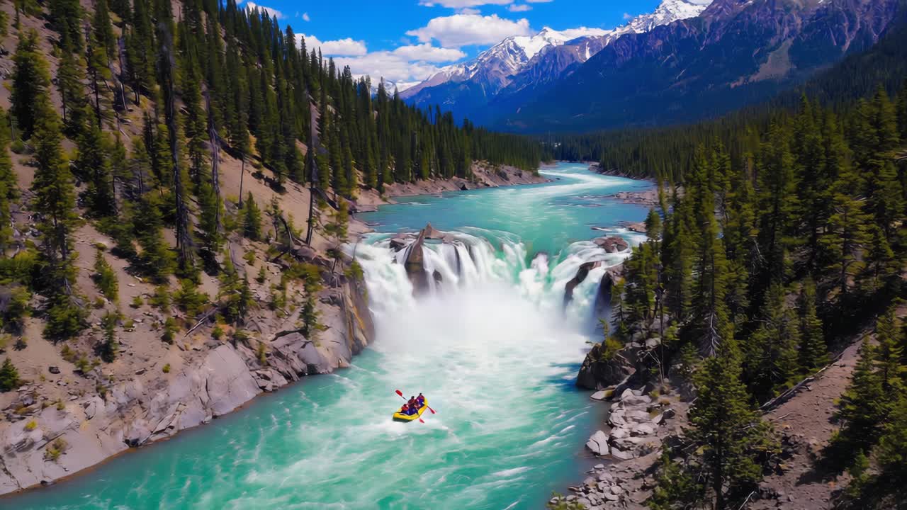 Rafting near a beautiful waterfall in the mountains