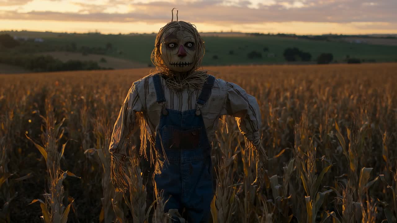 After beat camera pushing scarecrow wearing overalls in cornfield at dusk, revealing eerie details