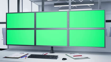 camera rotating near multiple monitors with chroma key.