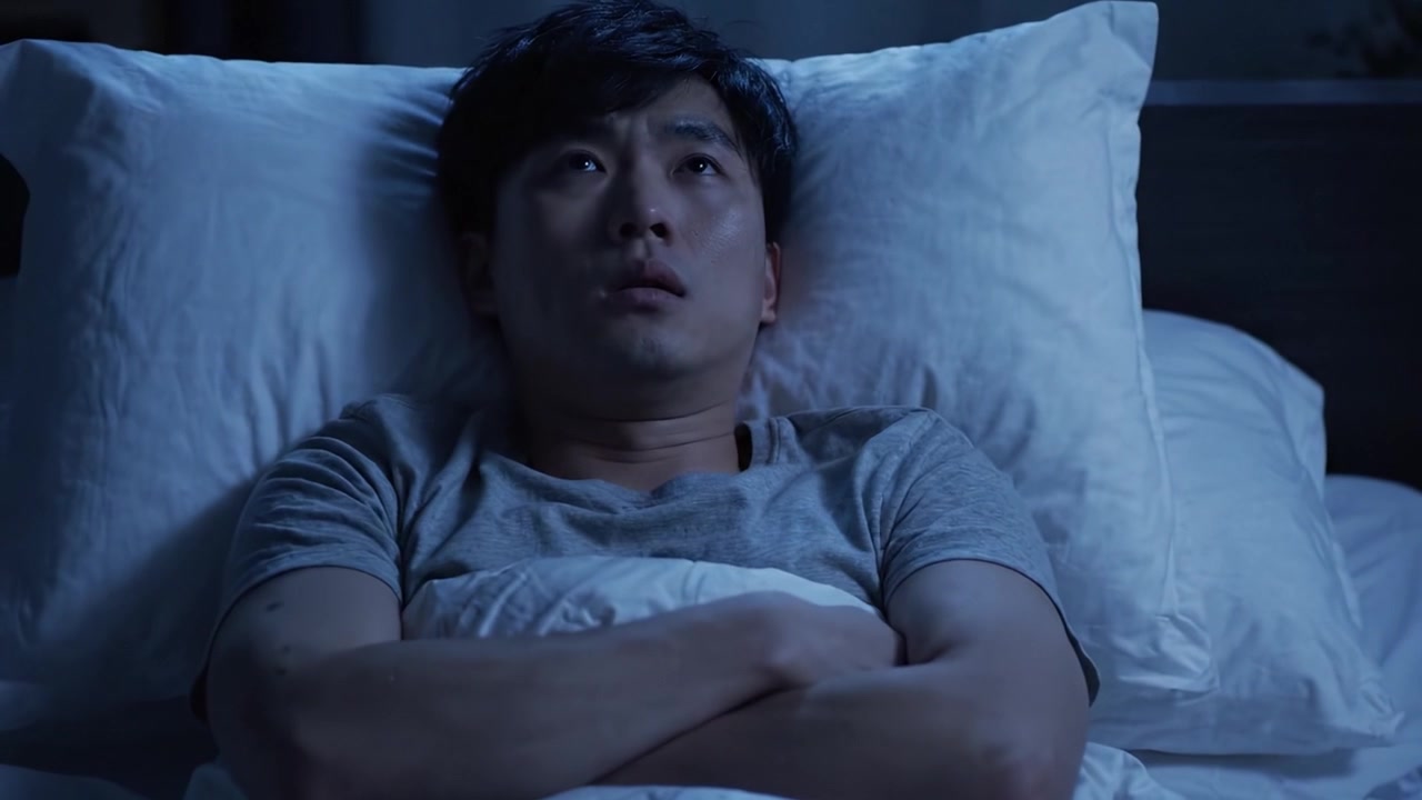 A Young Man Struggles with Sleep in the Darkness of Night, Conveying the Weight of Insomnia and Unsettling Thoughts as He Lays Restlessly in Bed Under Soft Covers