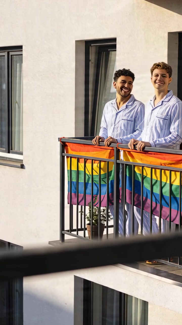 Video verticale: Coppia in pigiama che condivide un momento sulla ringhiera del balcone con una bandiera Pride, spazio per il testo