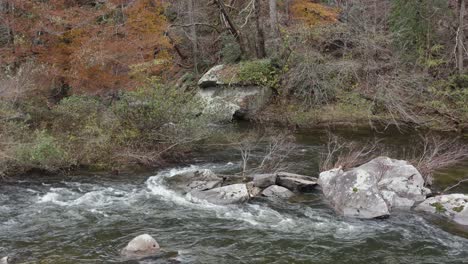 Drohnenaufnahme-Eines-Flusses,-Der-Im-Spätherbst-Im-Westen-Von-North-Carolina-Um-Felsen-Fließt