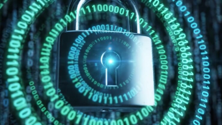 Digital Security Lock Encircled by Binary Code: A Symbol of Cybersecurity and Data Protection in the Age of Information Technology
