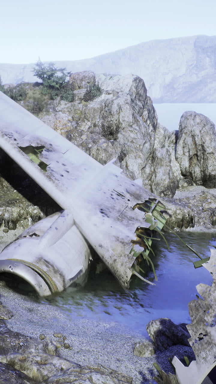 Wreckage of an aircraft on a rocky shore near a tranquil body of water