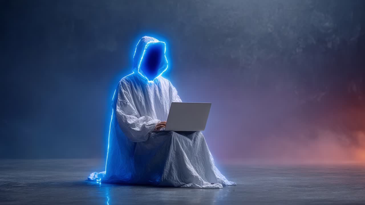 A Mysterious Figure in a Glowing Hooded Cloak Engaged with a Laptop, Surrounded by an Ethereal Atmosphere of Light and Shadow, Evoking a Sense of Intrigue and Technology