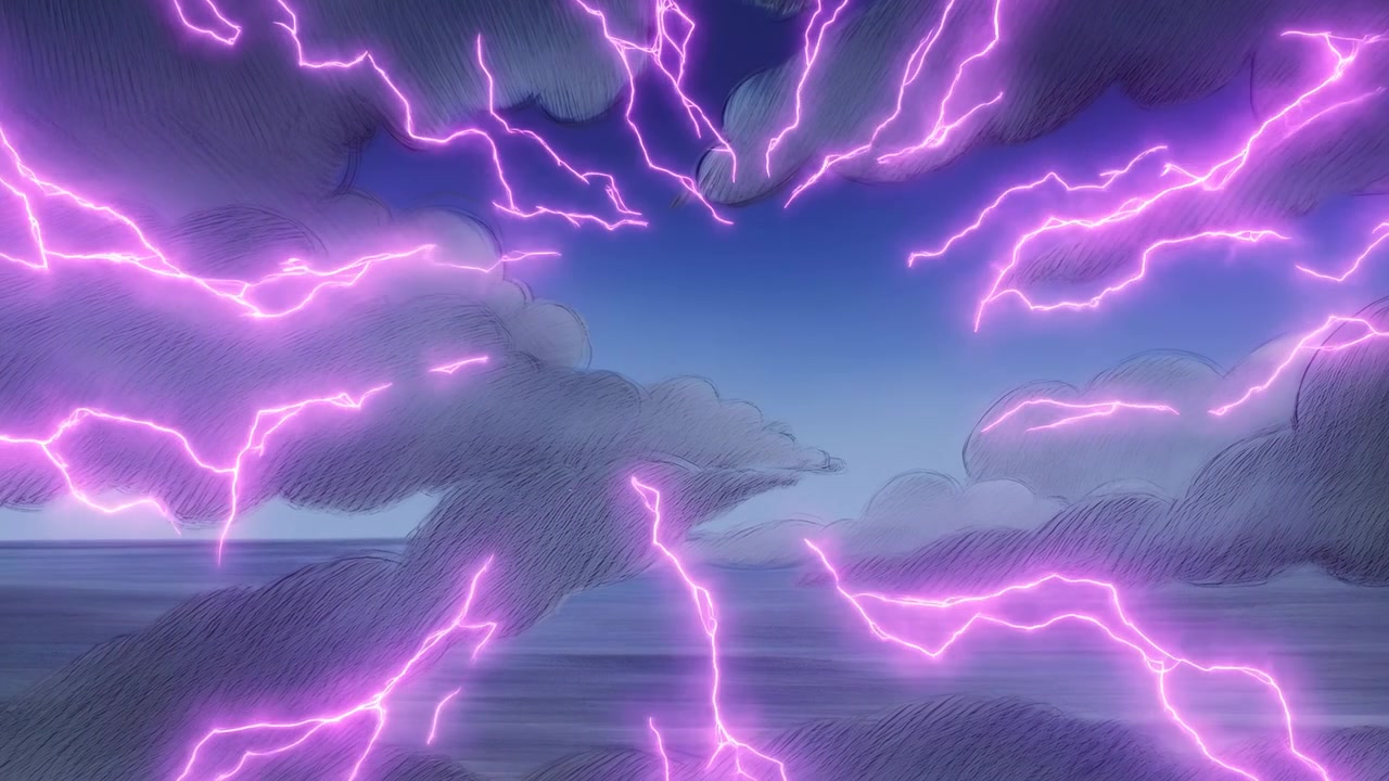 Múltiplos raios magenta irregulares irradiam através de nuvens de tempestade com textura de esboço acima de um oceano liso e listrado, criando contraste surreal, brilho, textura e uma atmosfera sombria, com raios, magenta