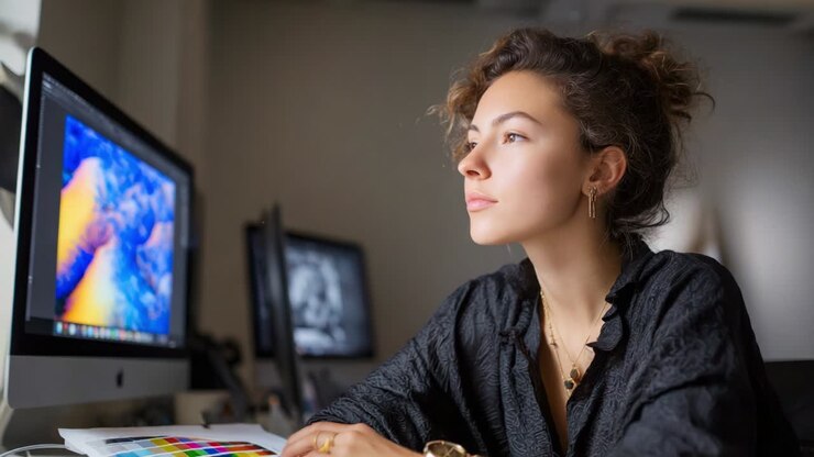 En fokuseret og kreativ professionel, der arbejder med digital kunst på en computerskærm, fordybet i tanker og med en inspirerende arbejdsplads fyldt med farverige designelementer og moderne teknologi.