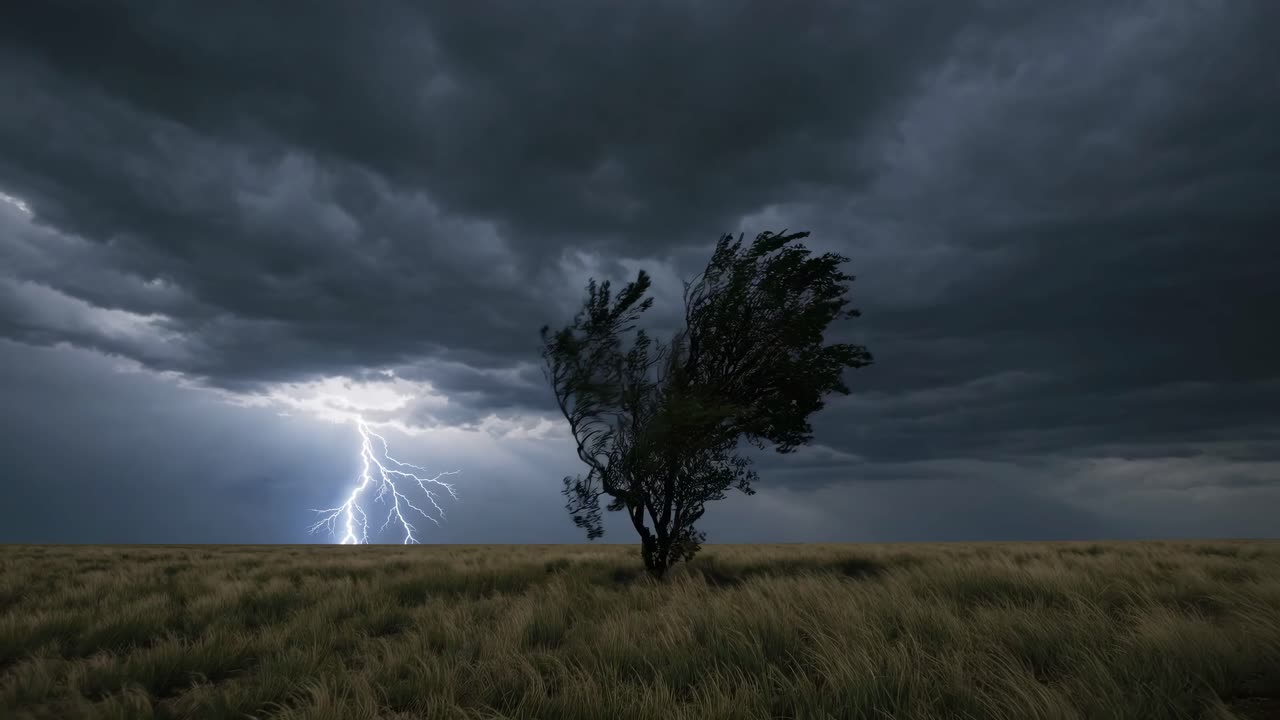 Stormy Night Landscape with Lightning and Windswept Tree