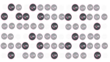 animación de múltiples logotipos de cinta rosa y texto de cáncer de mama que brilla sobre un fondo blanco