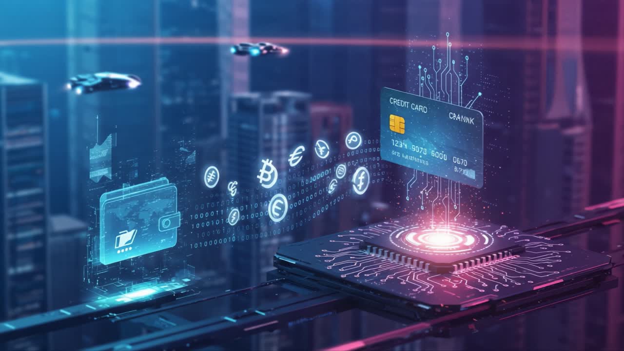 A Futuristic Digital Payment System Visualization, Showcasing a Credit Card with Financial Symbols, Data Streams, and Electronic Connections in an Urban Environment