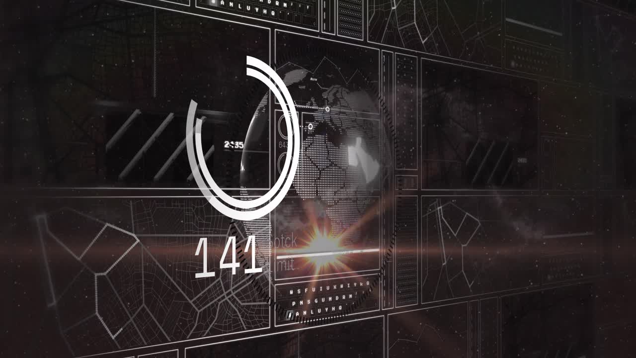 animación de punto de luz sobre interfaz con procesamiento de datos contra globo giratorio.