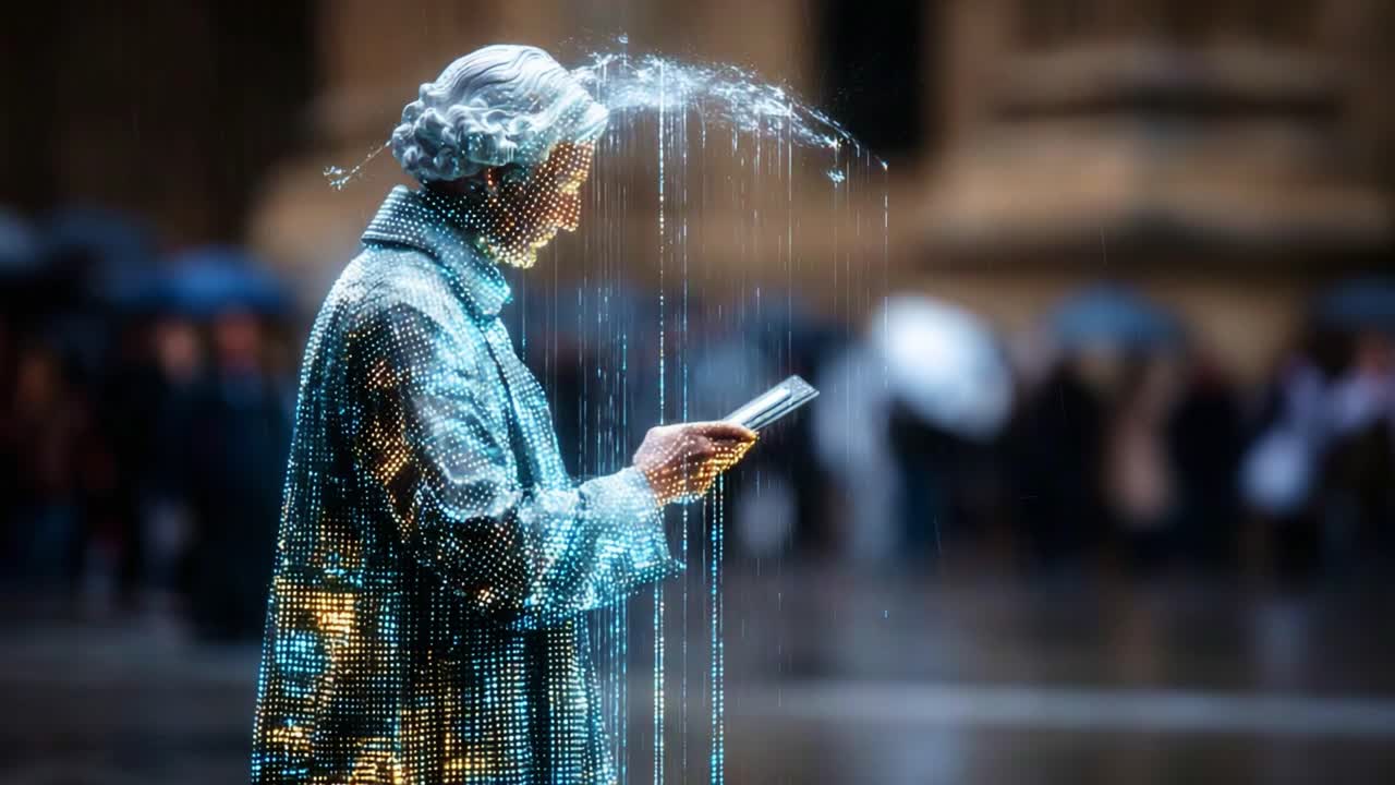 A dazzling digital sculpture of a figure illuminated with cascading water and light, engrossed in a smartphone, showcases the intersection of technology and art in a bustling urban environment