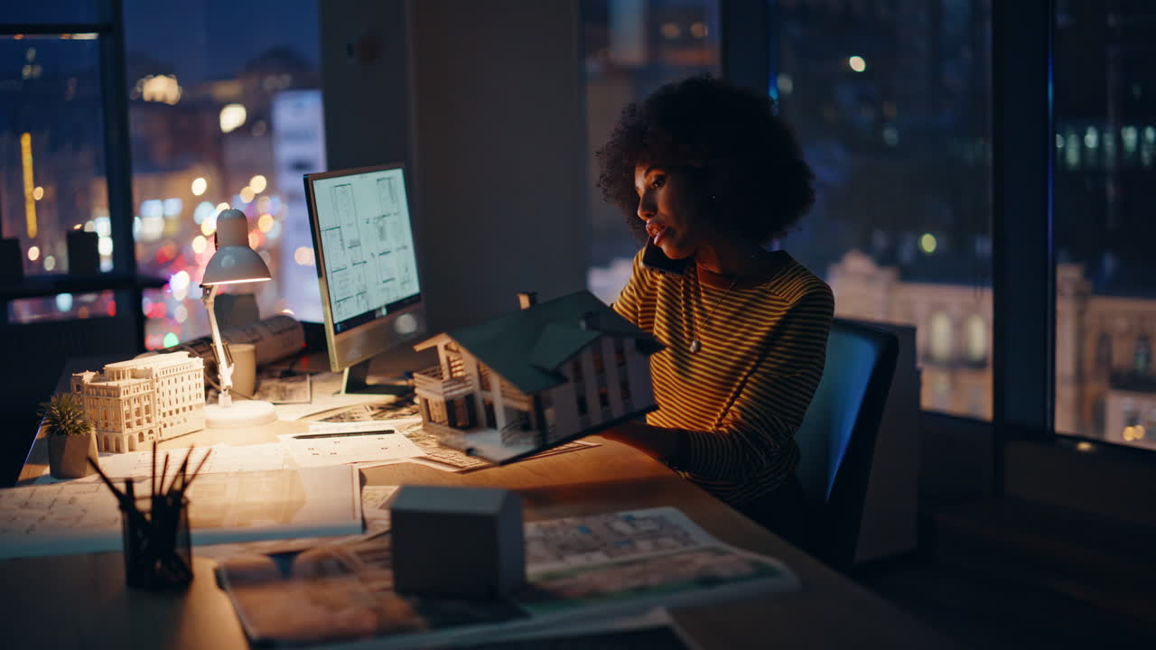 Ejendomskonsulent taler i smartphone på en arbejdsplads om aftenen og kigger på husets layout