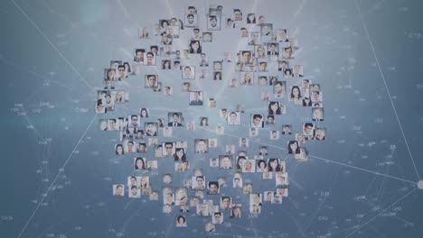 animation of network of connections and globe made of user photos on grey background