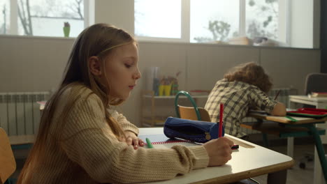 smart schoolgirl writing in notebook at lesson in elementary school