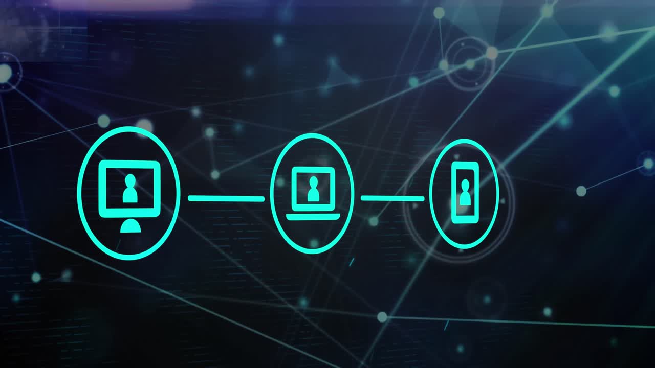 animación de iconos digitales y red de conexiones contra un rastro de luz brillante sobre fondo azul