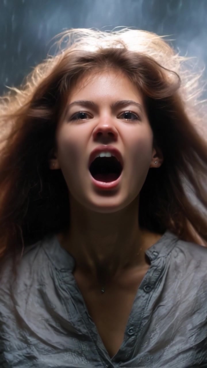 Espressione emotiva intensa catturata in luce drammatica: un ritratto di angoscia e forza con trame di vento e acqua che trasmettono profondità di sentimento.