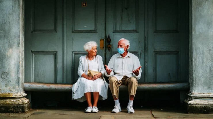 Momenti toccanti di una coppia anziana che condivide conversazioni gioiose seduta su una panchina, circondata da un'architettura senza tempo durante un tranquillo pomeriggio