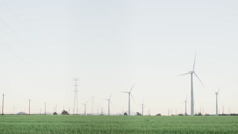 Gesamtansicht-Von-Windkraftanlagen-In-Ländlicher-Landschaft-Mit-Wolkenlosem-Himmel