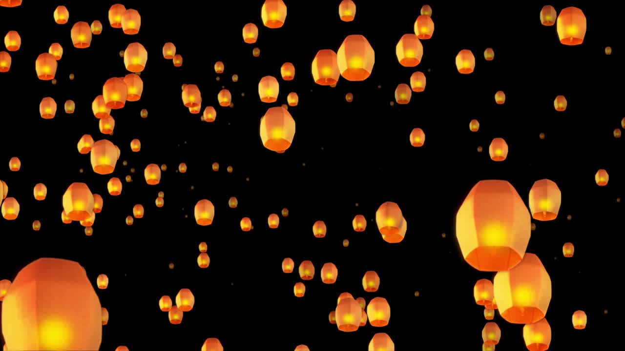 4K Background with Flying Sky national Chinese holiday airborne decorations lanterns.