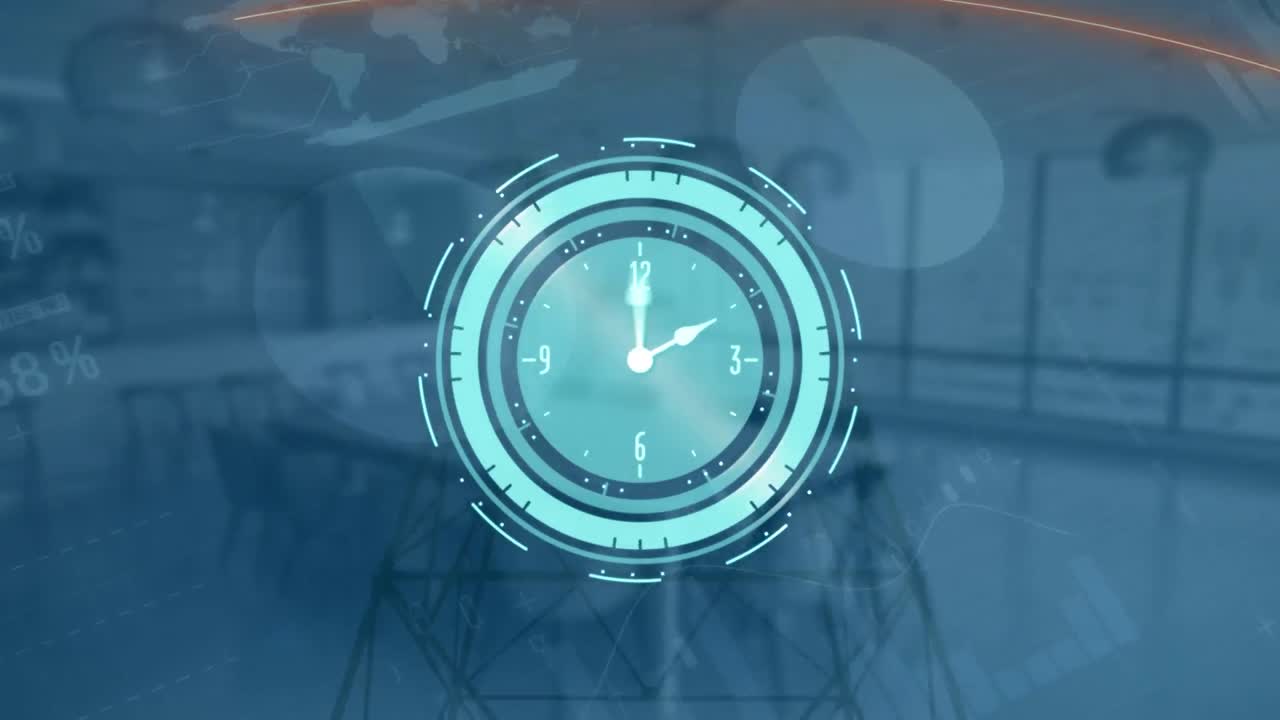 Animation of moving clock and financial data processing over empty office
