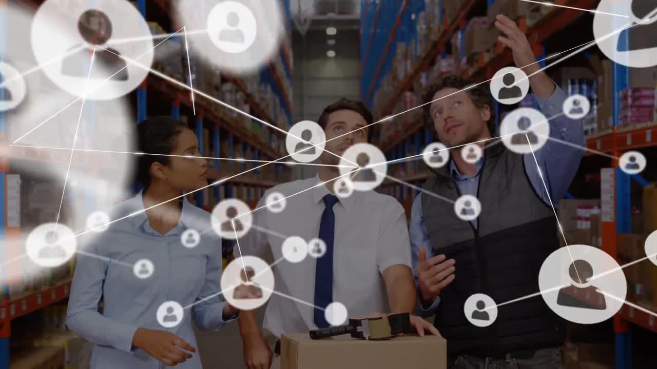 Animation of network of connections over diverse workers in warehouse