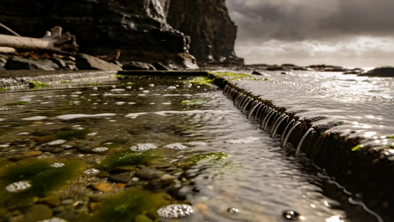 Marea in arrivo che trasporta acqua di mare su una stretta sporgenza rocciosa sulla costa, formando schiuma