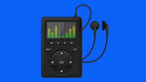 music player with headphones. with equalizer levels animated on blue chroma key. 4k video