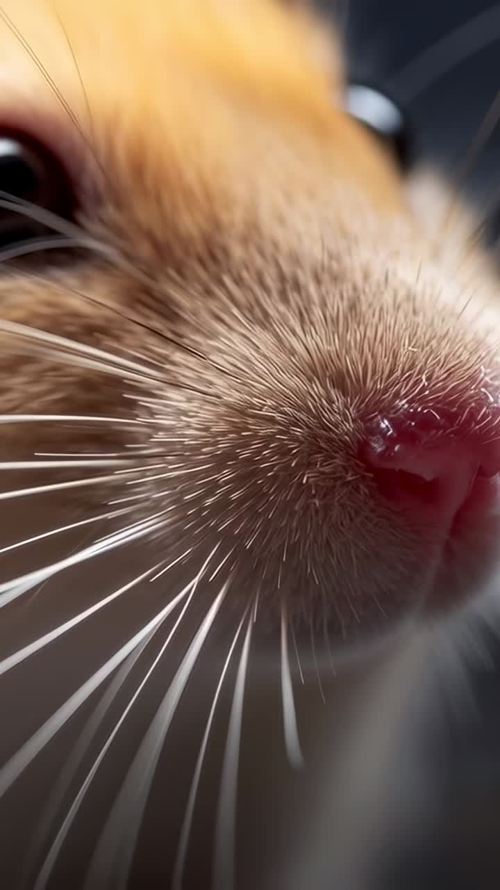Video verticale: muso di animale domestico che annusa e si muove mentre la camera si avvicina, narici rosa che tastano, vibrisse
