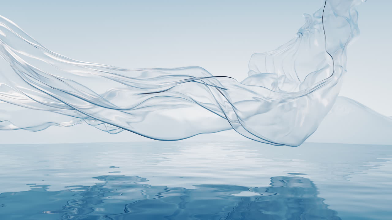 물 표면으로 흐르는 투명한 천, 3d 렌더링