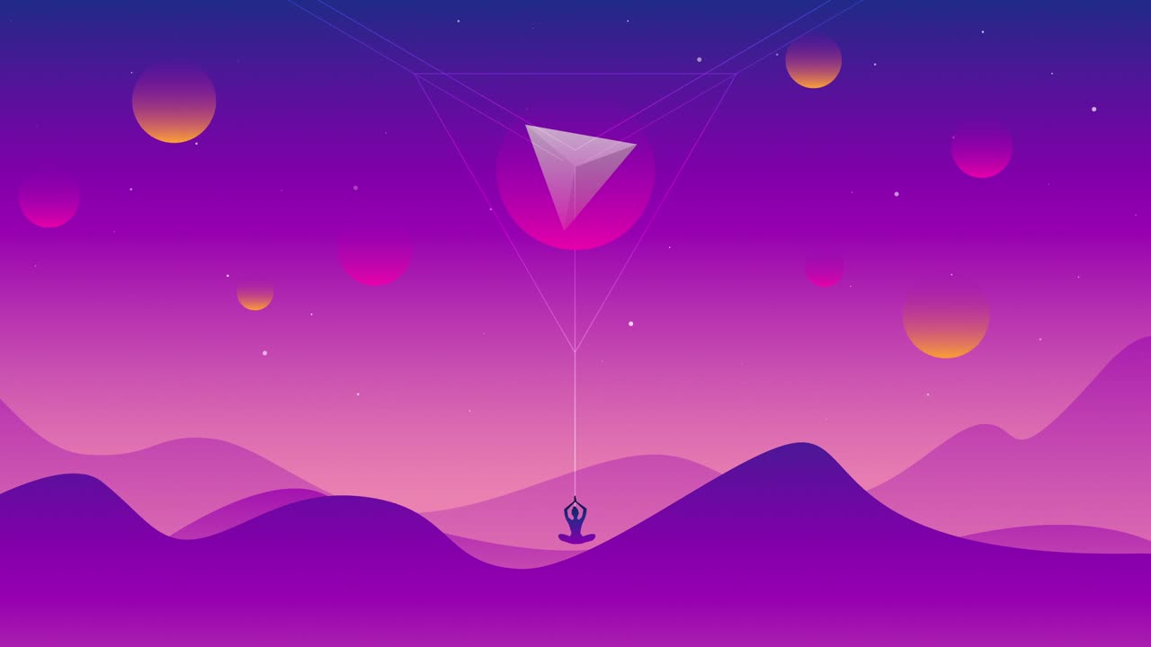 Cartoon purple desert landscape with hills, mountains and meditating person silhouettes in 4k video.