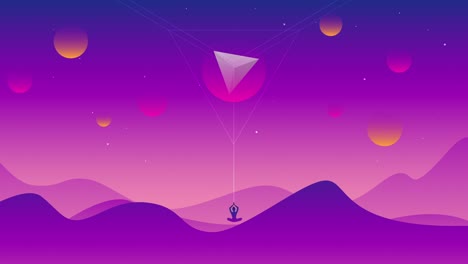 cartoon purple desert landscape with hills, mountains and meditating person silhouettes in 4k video.