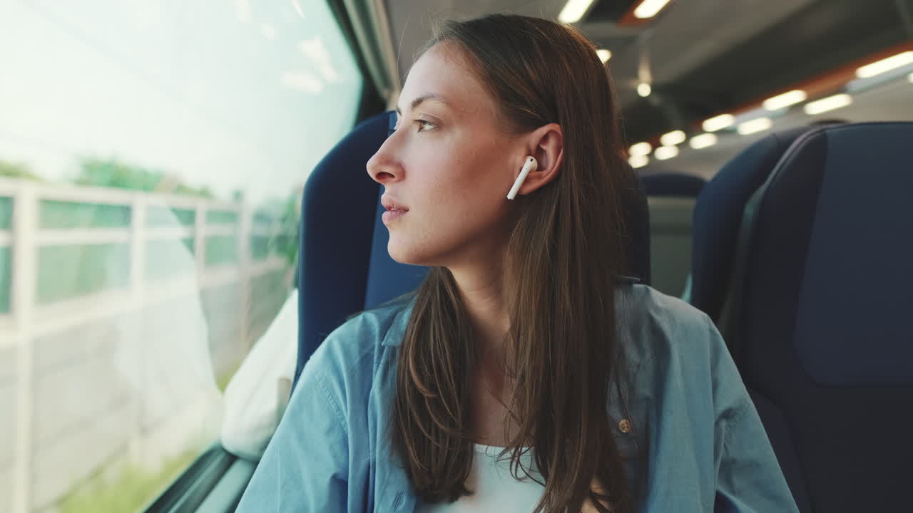 Young Woman with Earbuds Looking Out Train Window