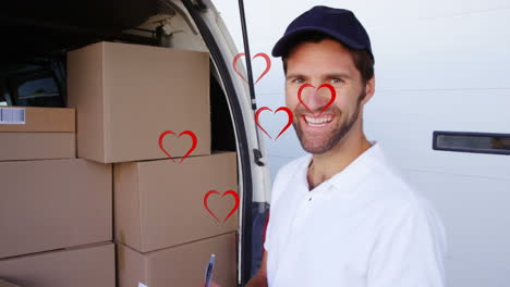 animation of heart icons over caucasian male deliverer smiling