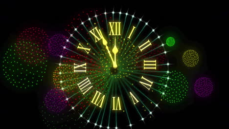 animation of clock showing midnight and fireworks exploding on black background