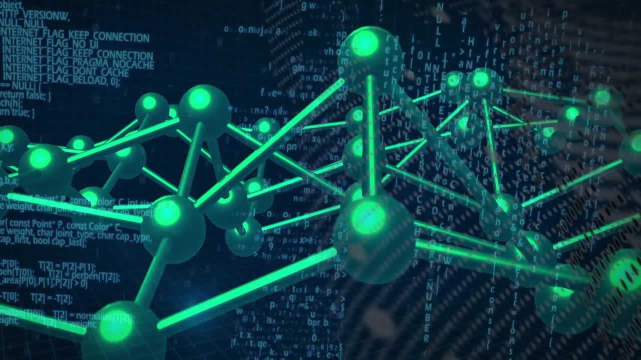 Animation of glowing green network connections over digital binary code background