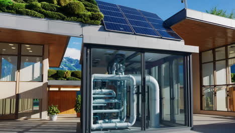 sustainable modern home with solar panels and green roof