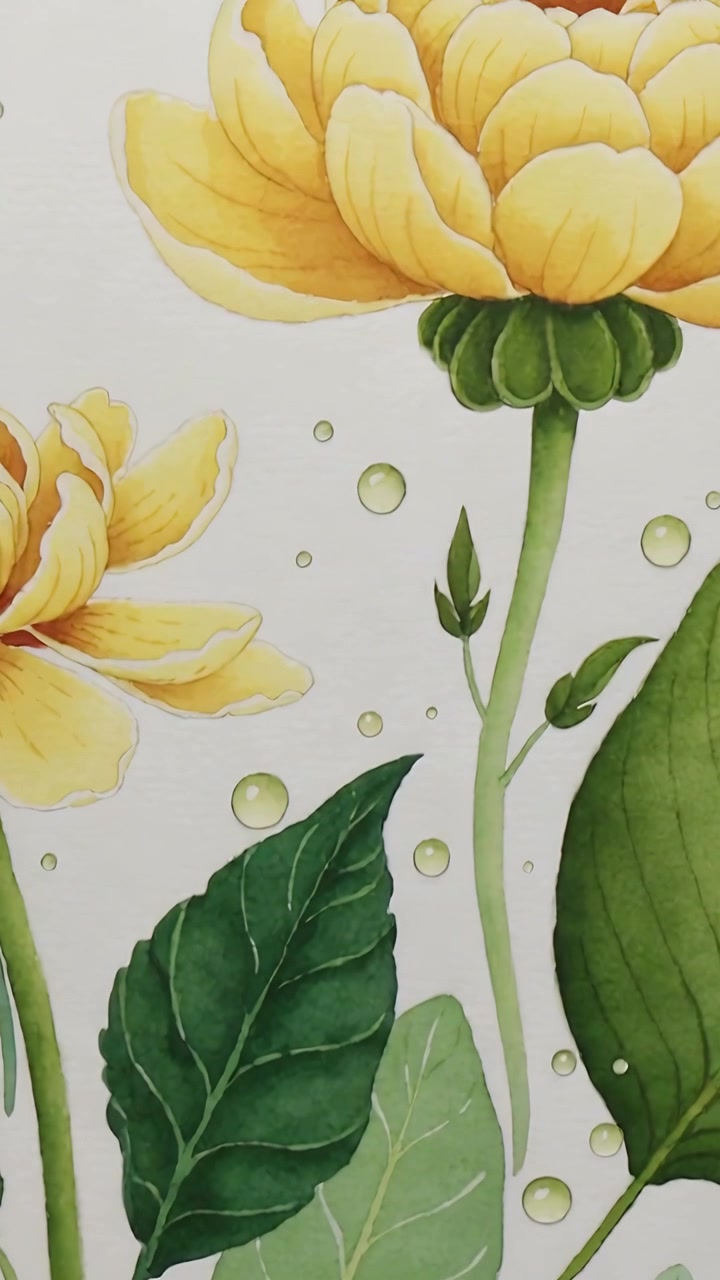 Vertical video: Panning camera revealing floral mural on wall, showing yellow bloom and droplets