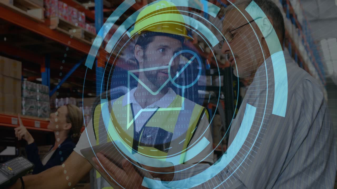 Warehouse associate scanning and tapping tablet, generating animated envelope icon verifying stock